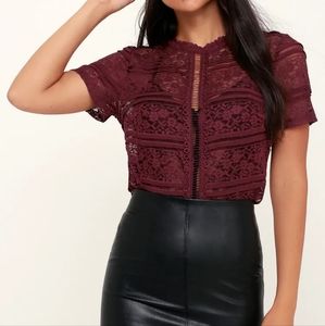 BRAND NEW Lush Jazz Age Burgundy Sheer Lace Short Sleeve Top